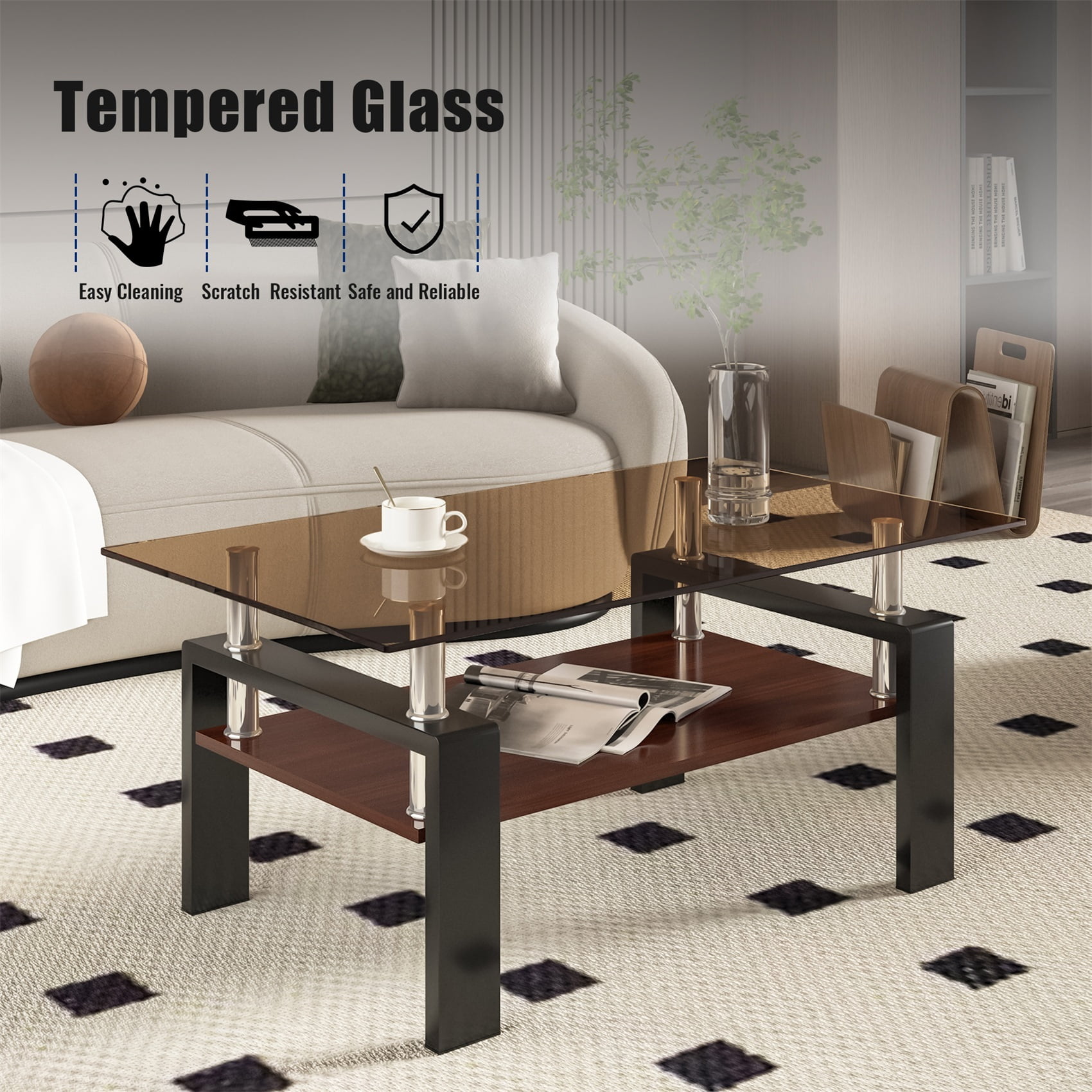 Alvantor Glass Coffee Table, 38.6" Modern Rectangle Tables with MDF Layer for Living Room Brown