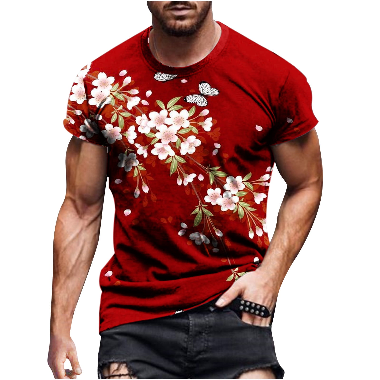 amidoa T Shirts for Men Graphic Big and Tall Casual Short Sleeve Flower  Print Boho Summer Tees Stylish Slim Sport Shirt 