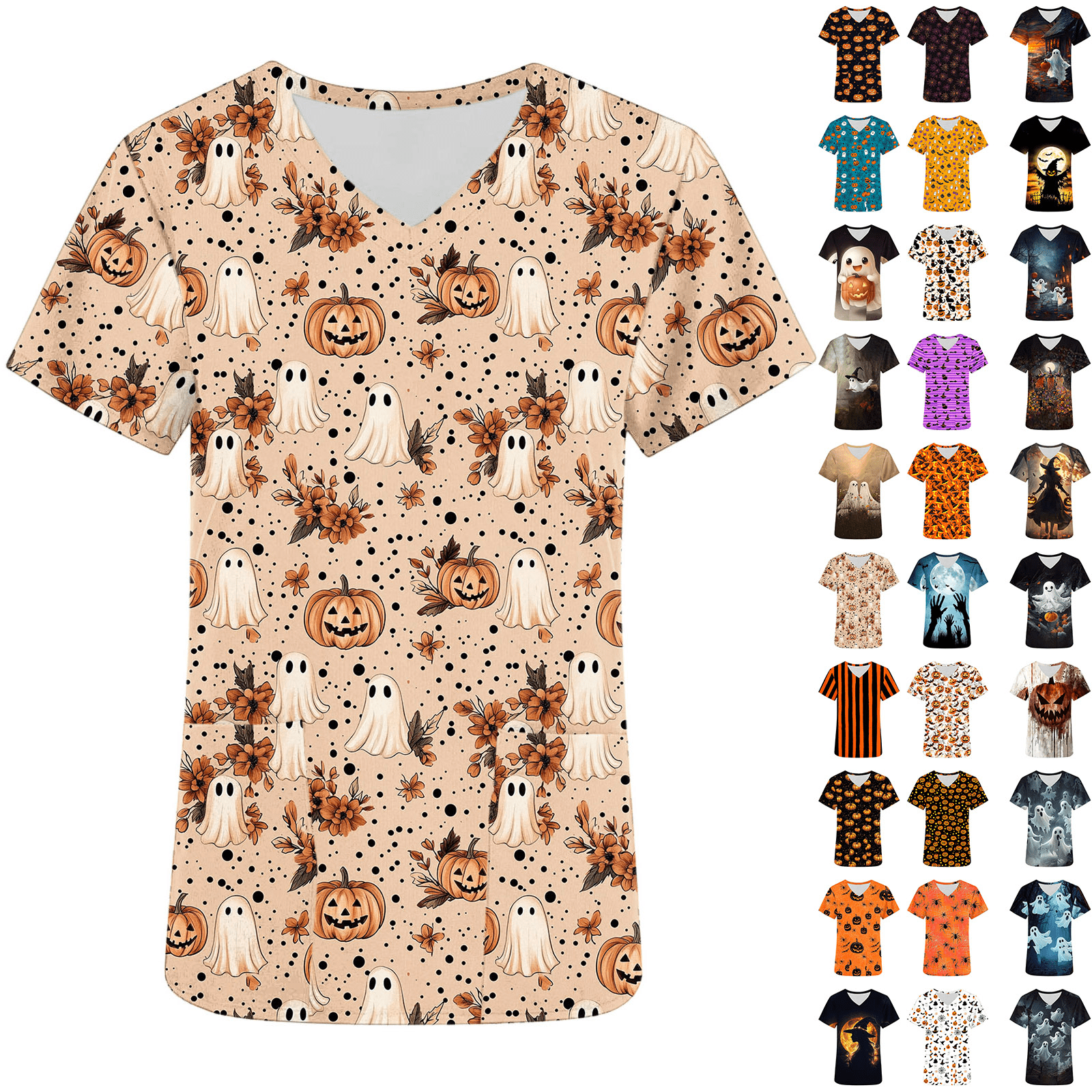 Dzrciro Halloween Scrubs for Women, Plus Size Short Sleeve V Neck Witch Printed Tops with Pockets, Medical Nurse Workwear Uniform Blouses S-5XL