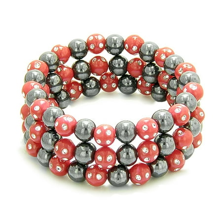 - Amulets Set of 3 Individual Simulated Hematite Magnetic Bracelets in Red Sparkling Beads Crystals