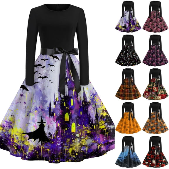 Women's Halloween Dress Candy Bat Crew Neck Hepburn Cocktail Fall Dresses Long Sleeve 1950s Funny Classic Dress with Belt 2XL