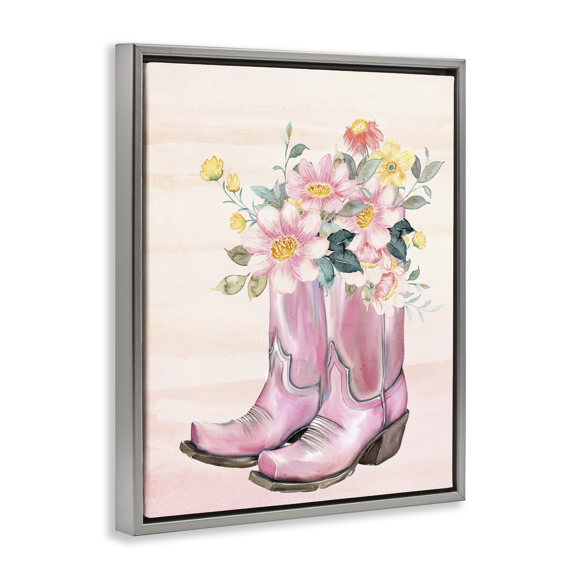 Wildflower Floral Boots Gray Framed Floater Canvas Wall Art, design by Kim Allen