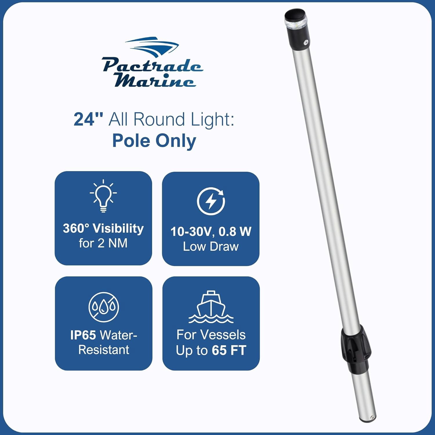 Pactrade Marine Navigation Lights for Boats LED - 24 Inch All-Round Stern Light (Pole Only, Plug-in Mount) for Night Boating - 52-Lumen Pontoon, Kayak, Jon Boat Accessories (DC10-30V)