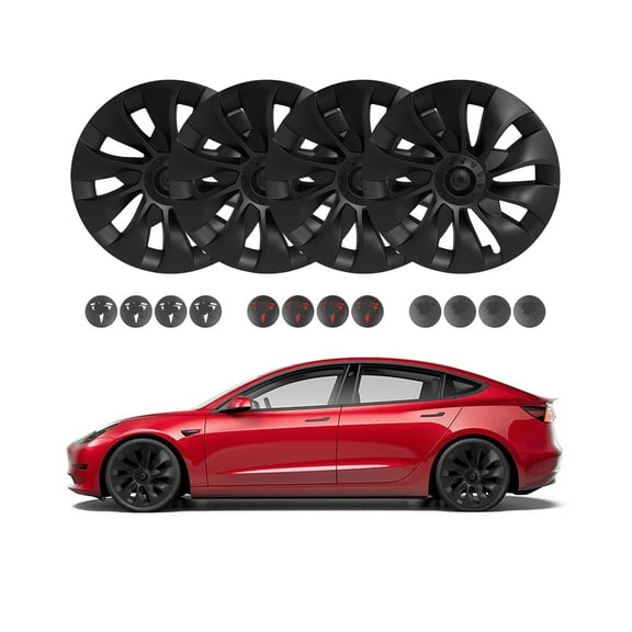 Set Of 4 Wheel Covers Cyclone Wrap Hubcaps Matte Black For 2017-2023 Tesla 3 18 inch Except Highland