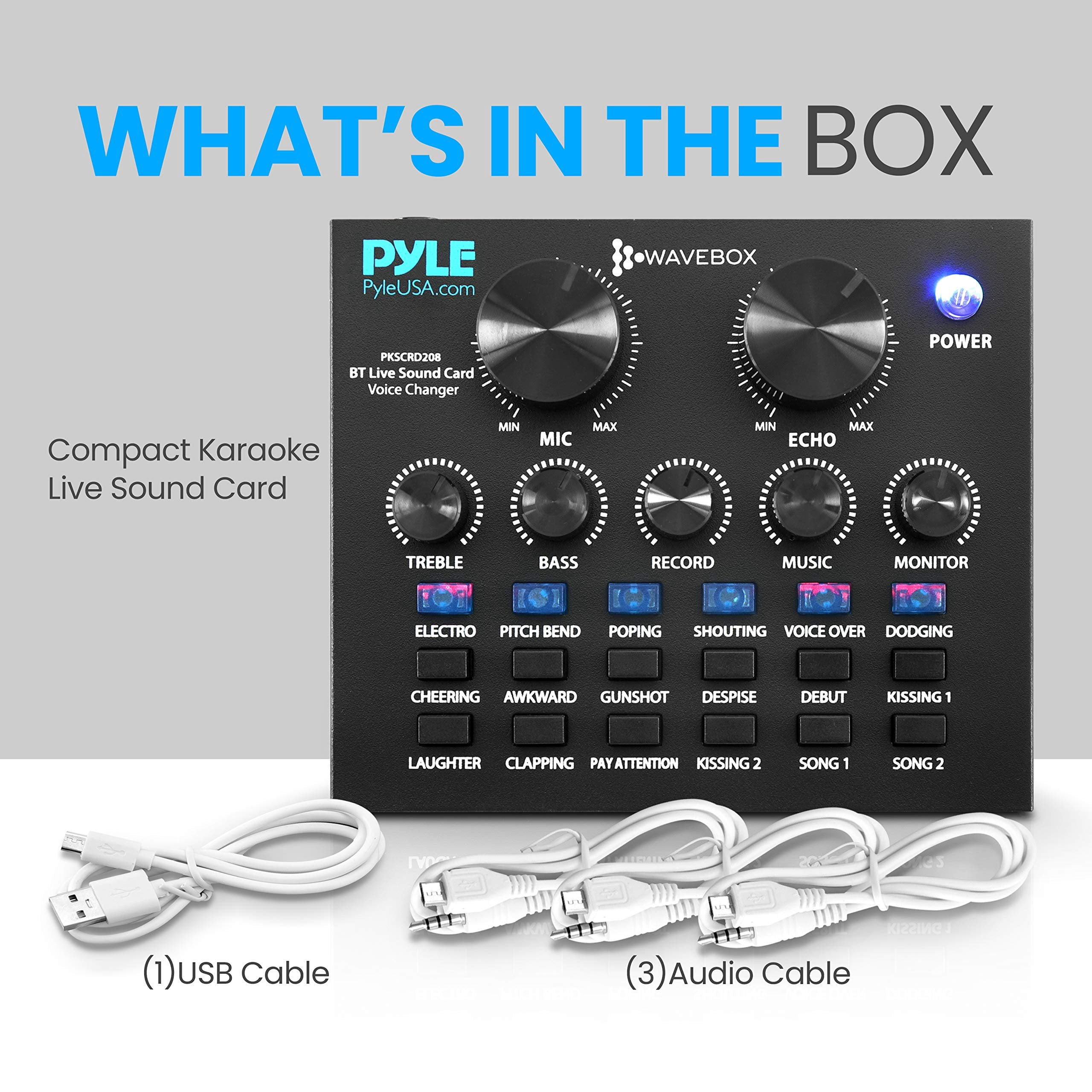 Pyle Bluetooth Mini Audio Podcast Mixer - Live Streaming For PC Computer iPhone Broadcasting Voice Changer V8 Sound Card with 12 Sound Effects,3 Inputs, Mic Input - PKSCRD208.5