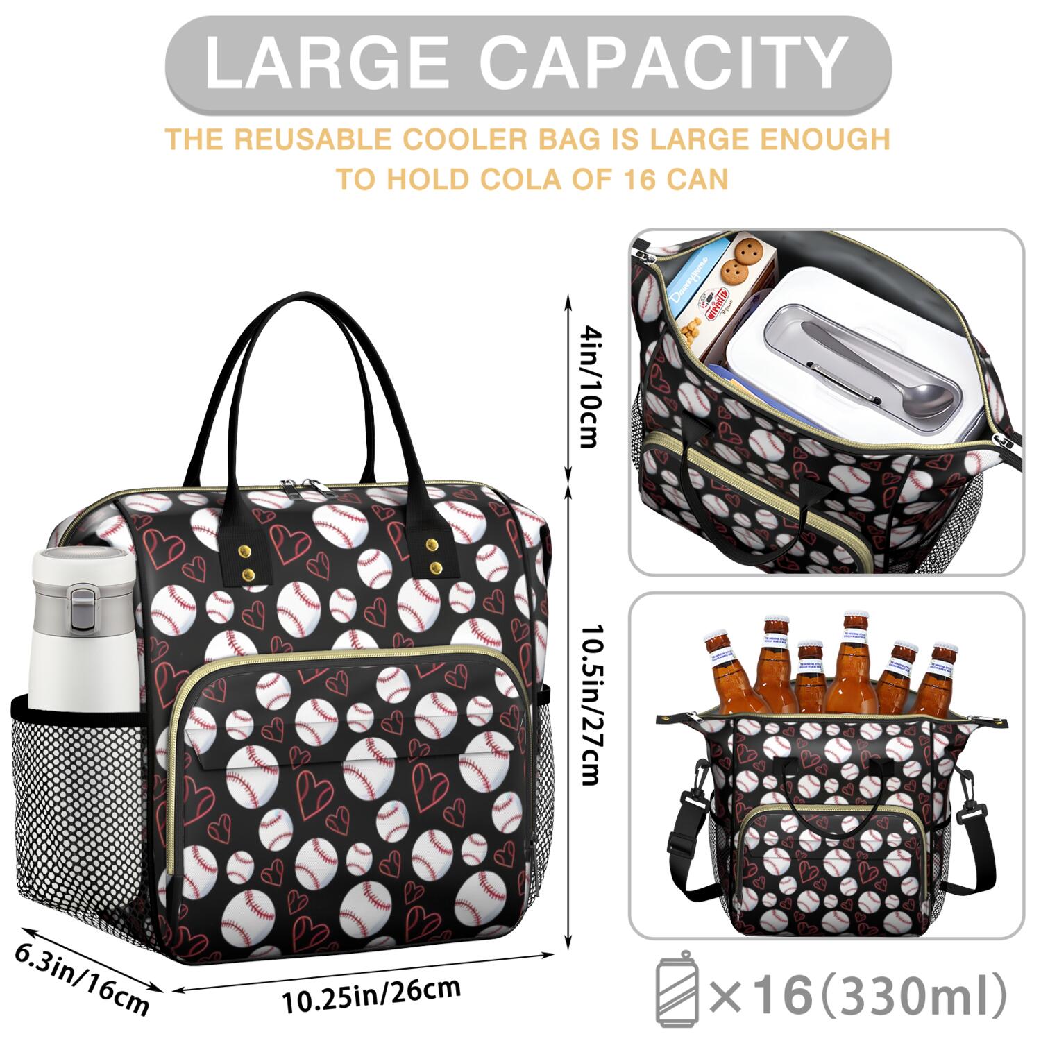 Black Baseballs and Hearts Pattern Womens Lunch Box for Work,Insulated Large Lunch Bag for Tween and Teen,Loncheras Para Mujer,Leakproof Adult Lunch Bag for Work,Beach,Travel,Picnic,Camping