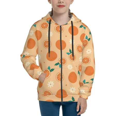 

Hoodies for Women Cute Orange Flower Leaves Long Sleeve Sweatshirt Drawstring Zip Up Hoodie with Pockets Teen Girl Clothes