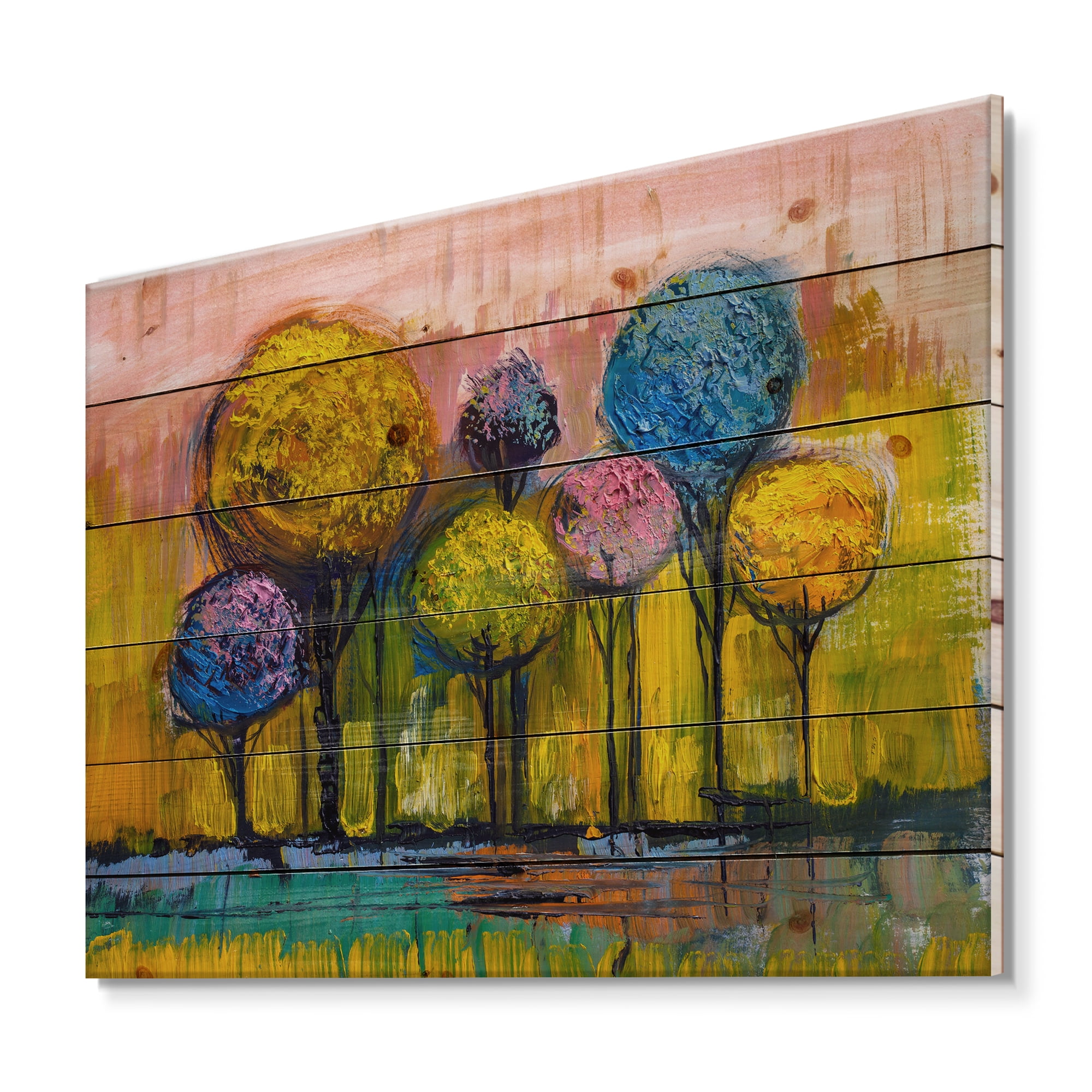 Designart 'Colourful Landscape Trees Impressionist IV' Modern Print on Natural Pine Wood