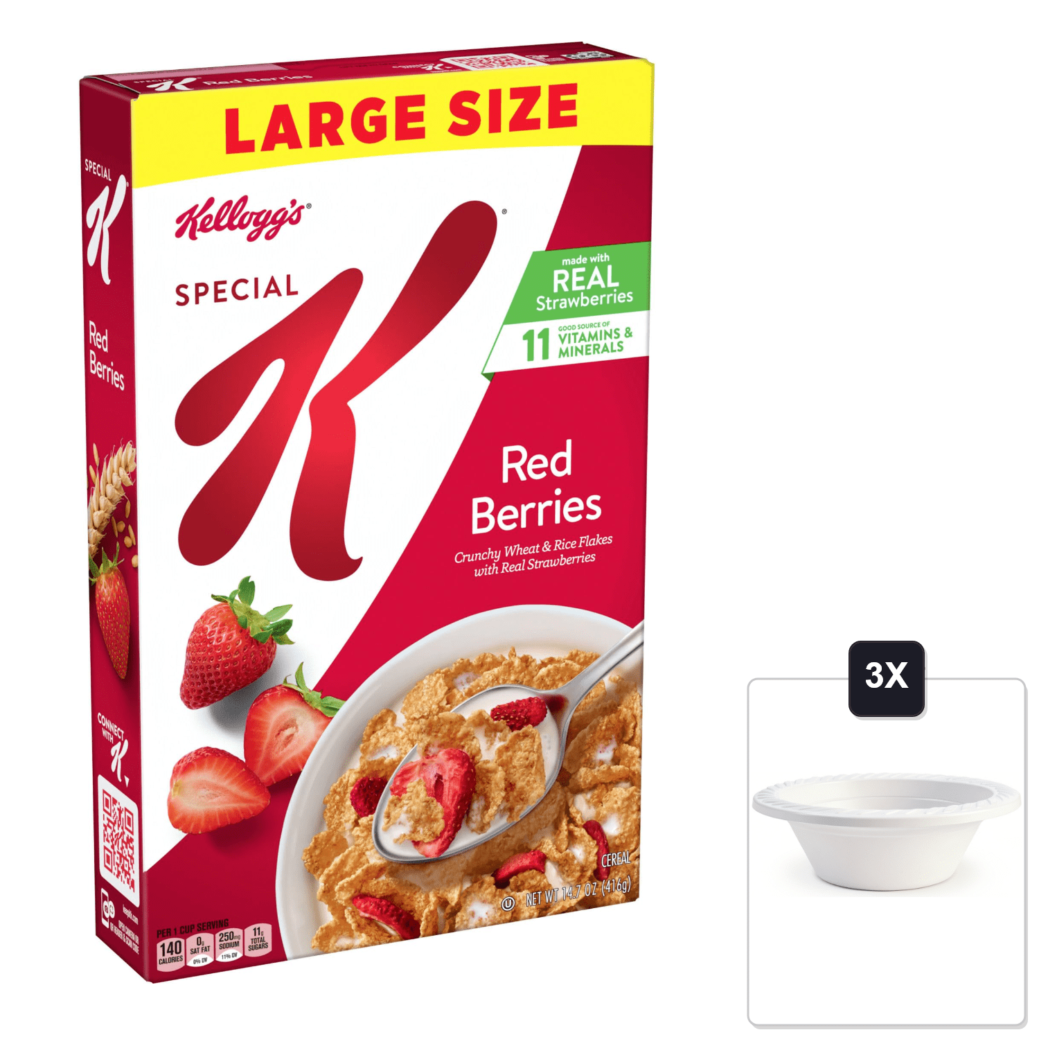Kelloggs Special K Breakfast Cereal, Large Size, Red Berries, 14.7 oz & 3x 12oz Disposable Plastic Bowl