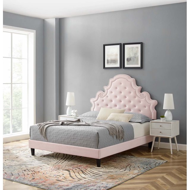 Modway Lit Plateforme Double en Velours de Performance Capitonné Gwyneth, Rose