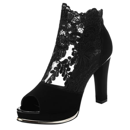 

Women Peep Toe Ankle Bootie Lace Flowers Open Toes High Heels Ankle Cutout Boots Fashion Slingback Chunk Boots Shoes