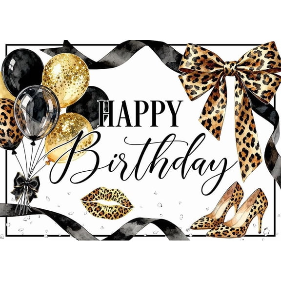 Leopard Print Bow Happy Birthday Backdrop Cheetah Coquette Girls Birthday Background Black Golden Balloons Glitter Diamond Birthday Party Decorations Banner Photo Booth Props