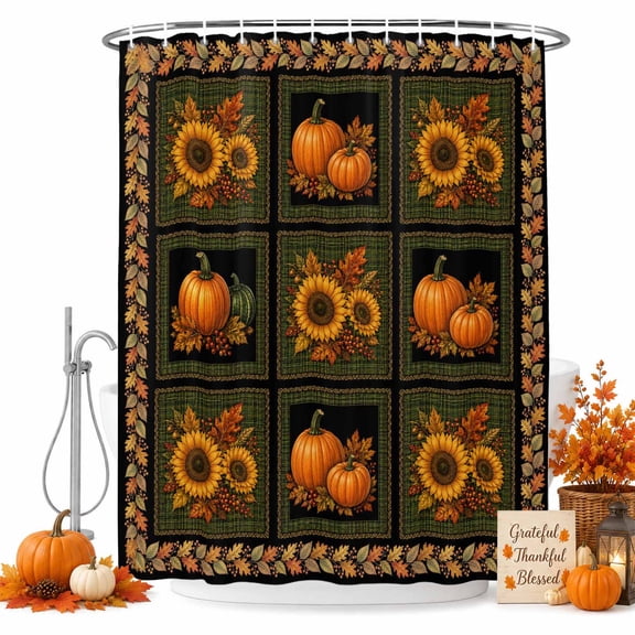 Thanksgiving Shower Curtain, Waterproof Shower Curtains for Bathroom, Fall Pumpinks Sunflower Leaves Vintage Washable Fabric Bathtub Curtain Set Bath Decor with 12 Hooks Extra Long 72"x96"