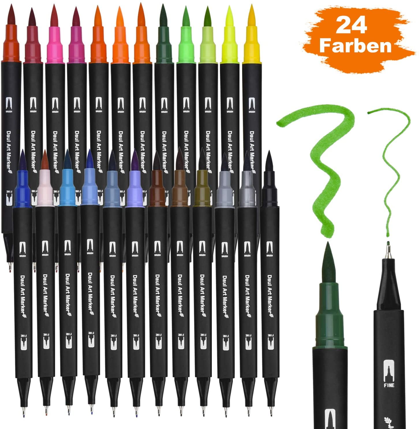 Felt Tip Pens for Children & Adult 24 Coloring Drawing Art Markers Set Dual Tip 0.4mm Fineliners Bullet Journal Pens & 2mm Watercolour Brush 