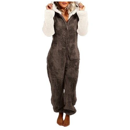 

Women s Warm Winter Fleece Onesie Pajamas Plush Cozy Zipper Hooded Jumpsuit Fuzzy One Piece Romper Sleepwear Ladies Clothes