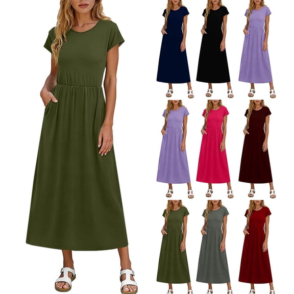 BRGZLK Womens Summer Modest Work Casual Solid Color Midi Knee Dress Pocket Short Sleeve Teacher Outfits Spring Travel Clothes
