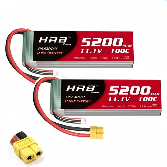 2Pcs HRB 3S 5200mAh 11.1V 100C Lithium Polymer Battery with XT60 Plug, Suitable for RC Cars, Trucks, and Drones