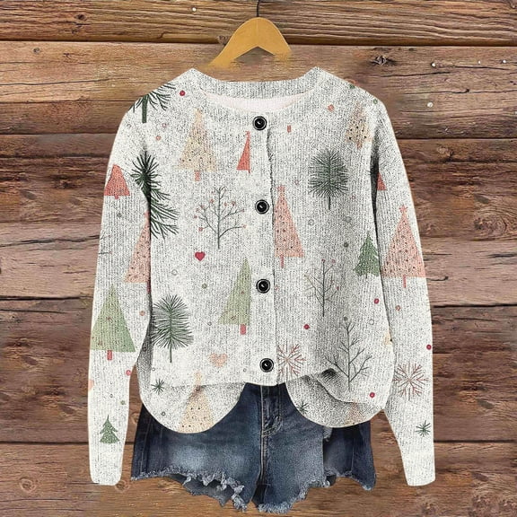 Heisall Womens Cardigans Long Sleeve Round Neck Button Front Casual Print Fashion Outerwear Winter Daily Wear