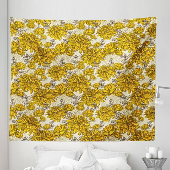 Floral Tapestry, Lily Carnation Bouquet Beauty Botany Field Flourishing Mother Nature Theme, Fabric Wall Hanging Decor for Bedroom Living Room Dorm, 5 Sizes, Earth Yellow Beige, by Ambesonne