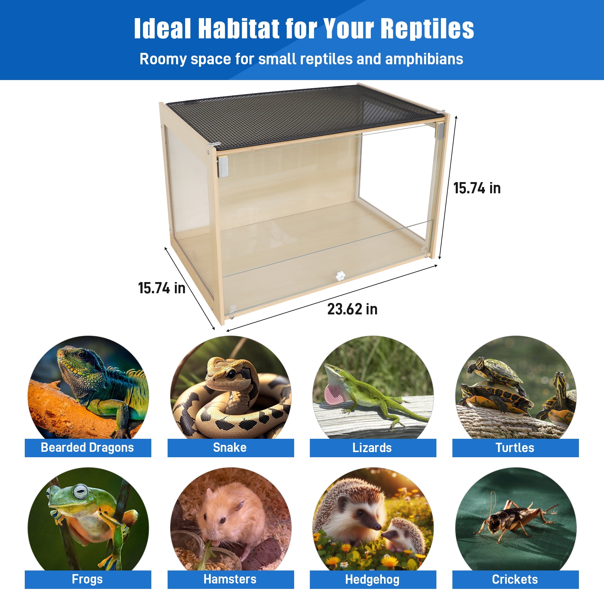 Reptile Terrarium Enclosure Bearded Dragon Tank 30Gallon, 24*16*16inch Tempered Glass Front Opening Reptile Snake Tank Enclosure Cages with Wood Frame & Metal Mesh Top for Gecko Lizard Spider Turtles