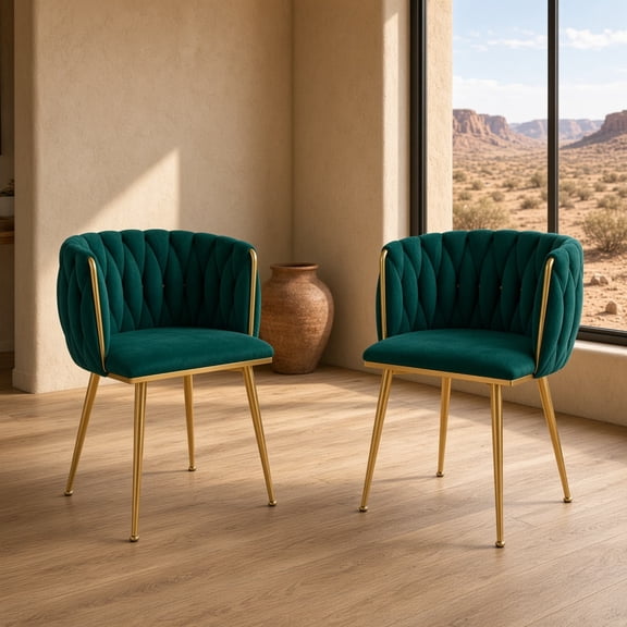 Velvet Dining Chairs Set of 2, Modern Upholstered Side Chairs with Golden Metal Legs & Woven Backrest, Comfortable Vanity Kitchen Seating,Green