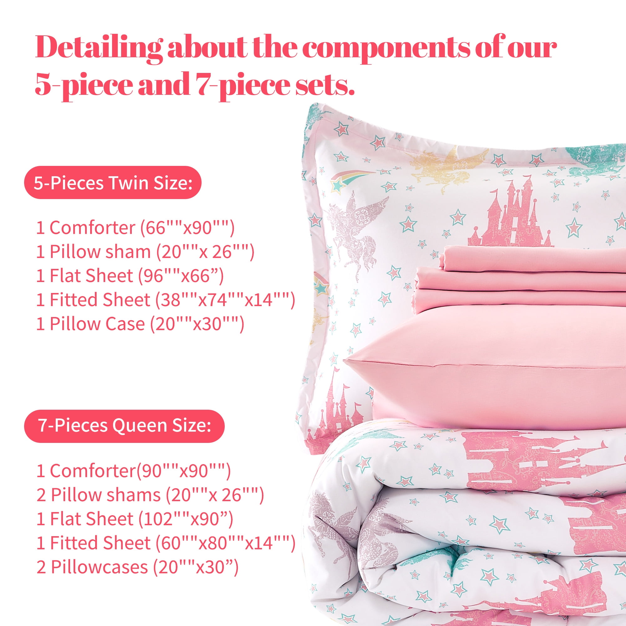 Sonive Twin Kids Comforter Set, 5 Pieces Super Soft and Fluffy Bedding Set, Pink Castle