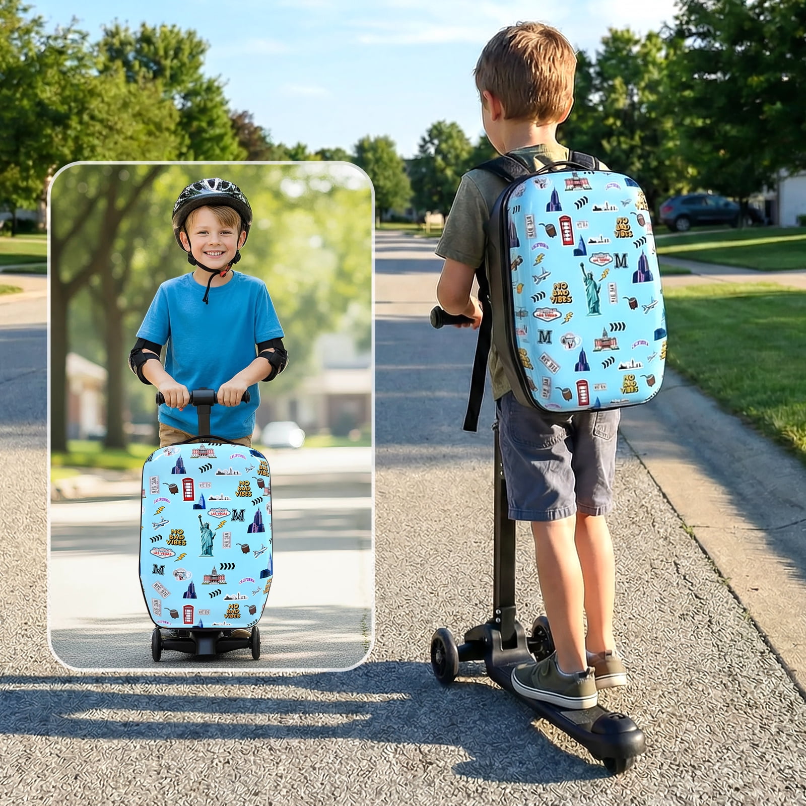 Advwin Kids Scooter Luggage with LED Wheels, 4-in-1 Detachable Foldable Ride-On Suitcase, Travel Landmark Design Hardside Carry-On Travel Luggage, Convertible Backpack, Blue