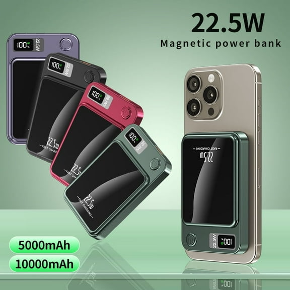 10000mAh/5000mAh Magnetic Wireless Charging Power Bank, Portable Wireless Charger, 22.5W Fast Charging Battery Pack, with LED Power Indicator, Dual Output and External Power Compatible with iPhone