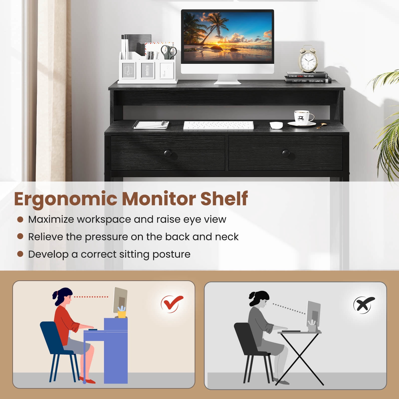 Costway 39.5" Expandable Rolling Computer Desk with Monitor Shelf 2-tier Desktop 2 Drawers Black