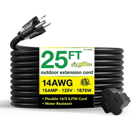 GoGreen Power GG-13825BK - 14/3 25 ft' SJTW Outdoor Extension Cord - Black