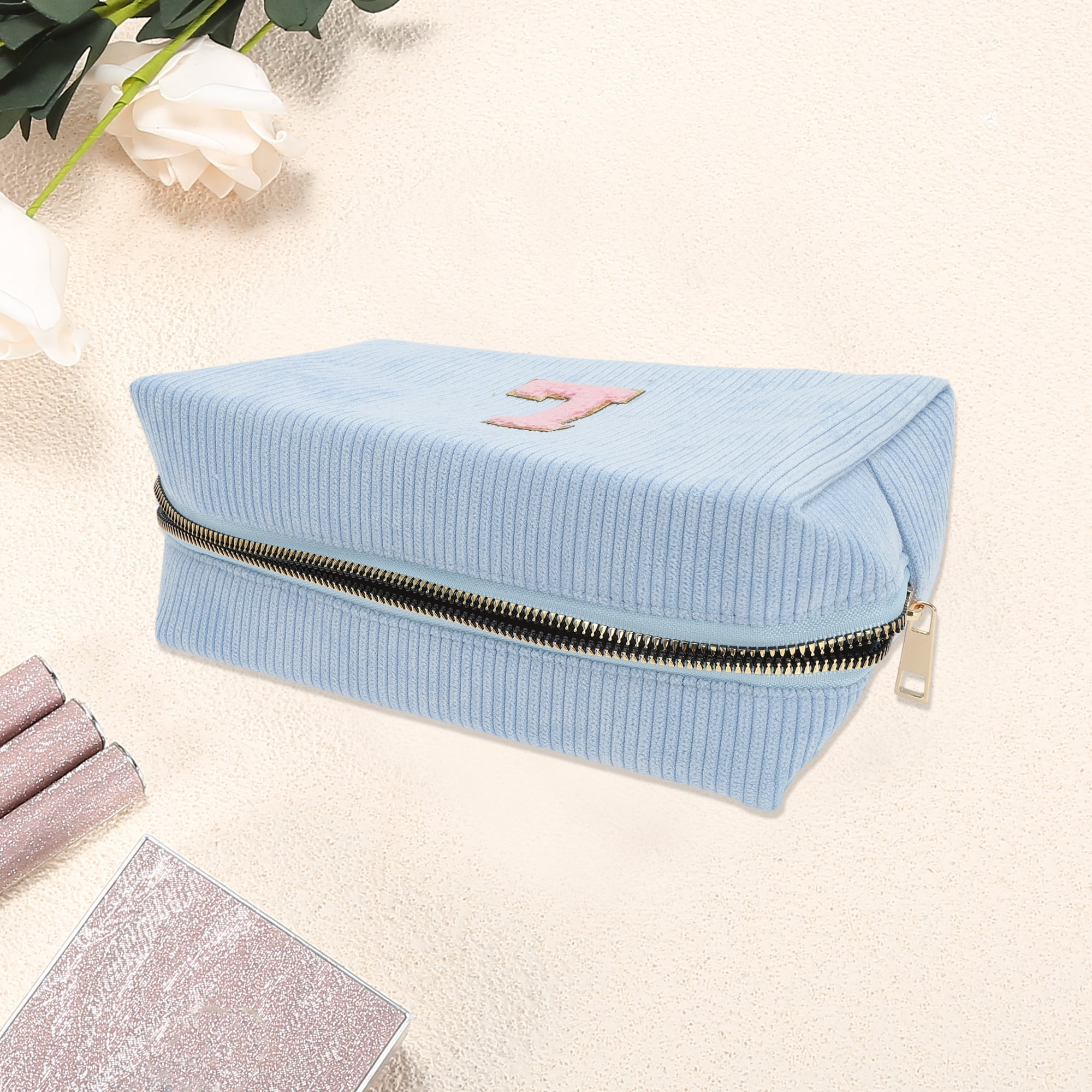 Unique Bargains 1 Pc Corduroy Rectangular Letter Makeup Bag Sky Blue [Letter L]