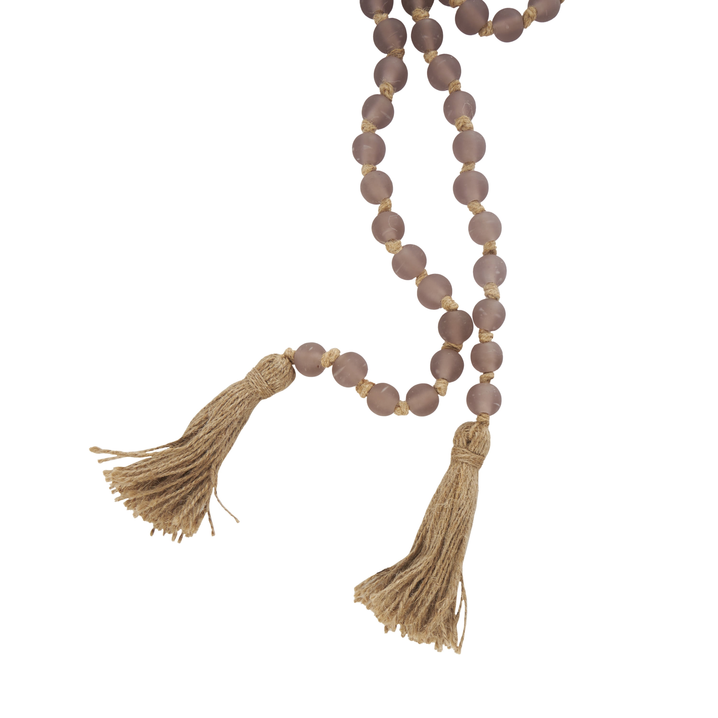 DecMode Handmade Round Long Frosted Beaded Pink Glass Garland with Tassel with Knotted Brown Jute