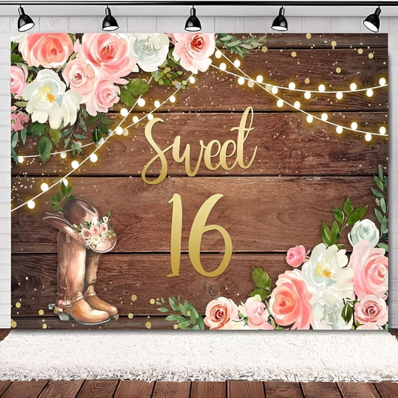 CCOCC Sweet 16 Happy Birthday Backdrop Cowgirl Western Rustic Wooden Plank Country Watercolor Pink Flower Floral Boots Farmhouse Decorations Photography Background Banner Photo Booth Studio