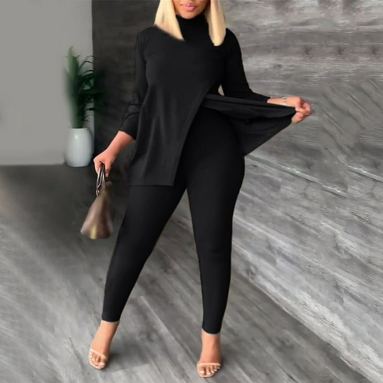 Wome Solid Suit Irregular Splicing High Neck Shirt Top Tight Pencil Pants  Casual Pants Suits Sparkly Pants Suit for Women Casual Work Outfits Women