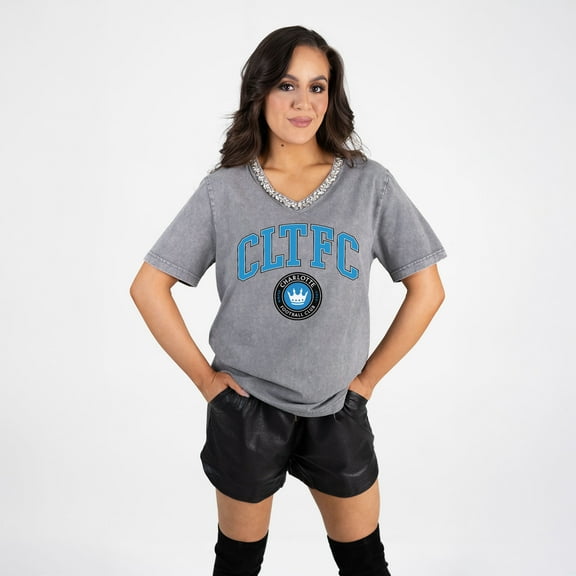 Women's Gameday Couture  Gray Charlotte FC Relaxed Iconic Edge Rhinestone V-Neck T-Shirt