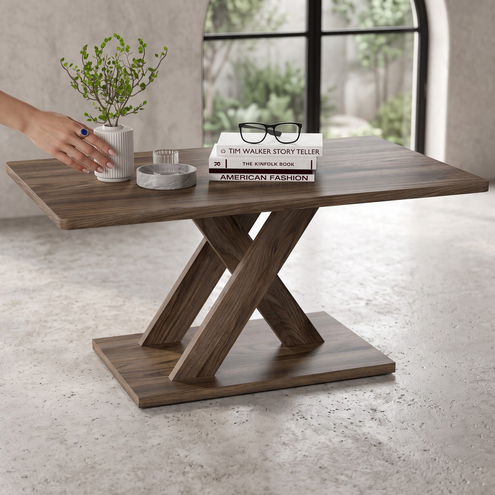 Furnibear 37.5 Inch Rectangular Coffee Table, Modern Rubber Wood Center Table with Wide Stable Base and Anti-Slip Foot Pads for Living Room Bedroom Office, Rustic Brown