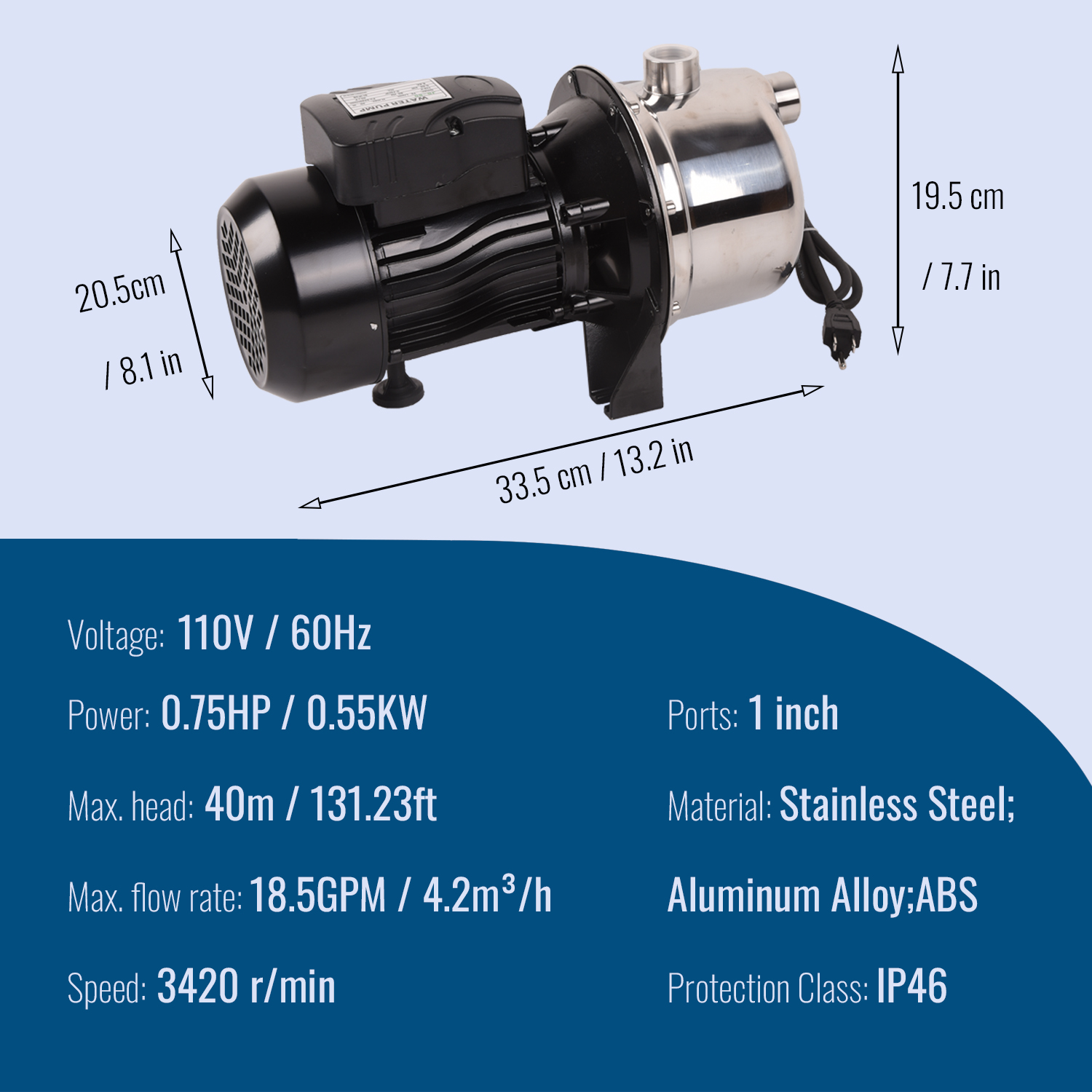 Dawot WAT-D0120C0005, 3/4HP, 110V, Deep Well Jet Water Transfer Pump, 18.5GPM
