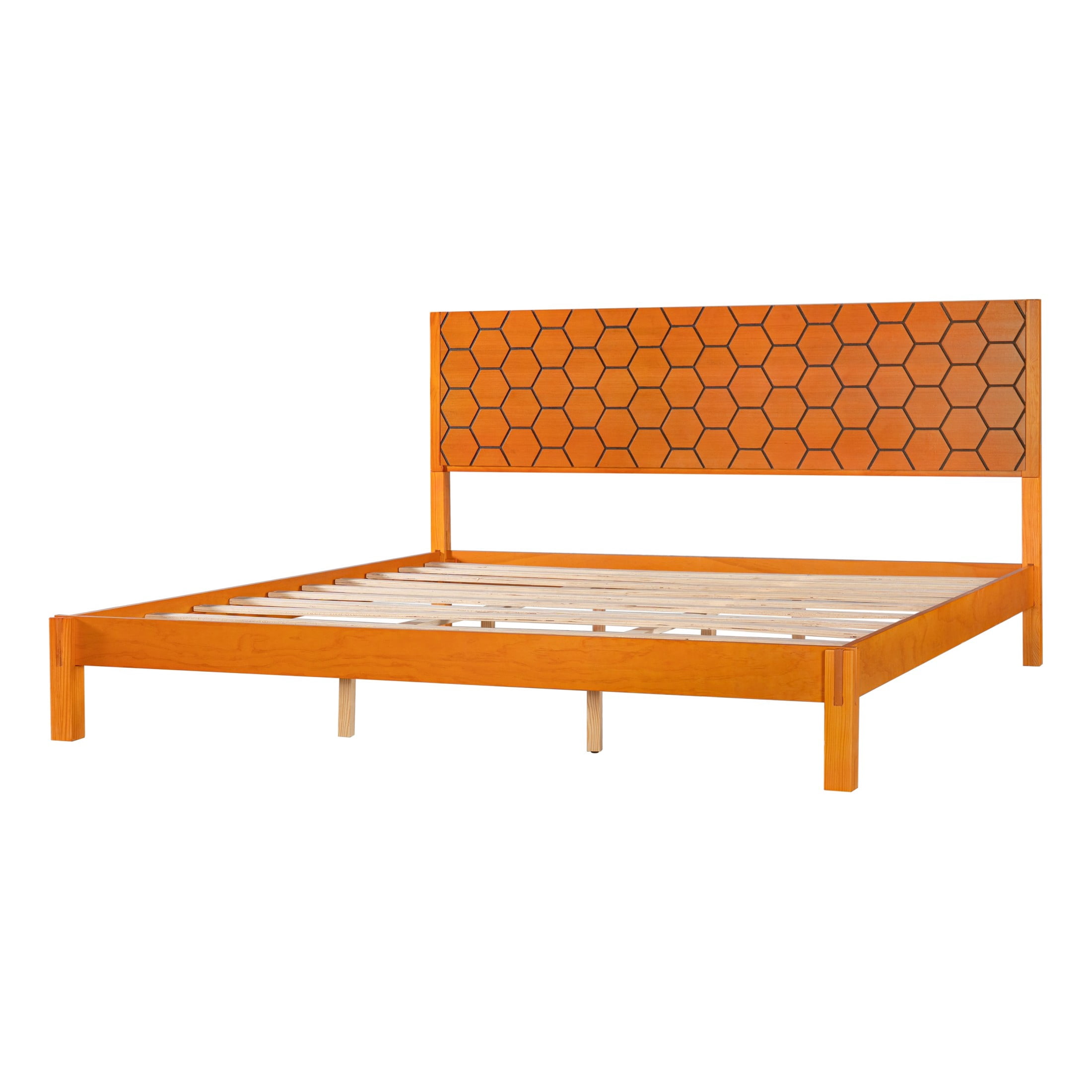 Christopher Knight Home Modern King Wooden Platform Bed Frame With Honeycomb Headboard, Golden Oak