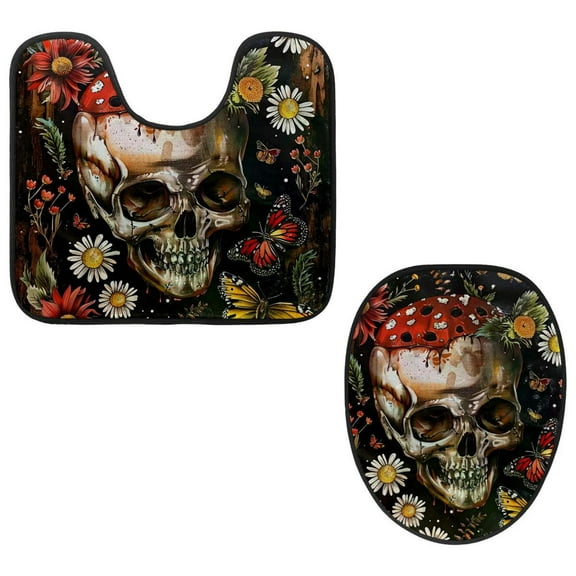 PhooArto Toilet Lid Cover and U-Shaped Toilet Floor Mat Set of 2 Pieces, Butterfly Daisy Skull Toilet Mat Set, Machine Washable Seat Covers Non-Slip Absorbent Rugs