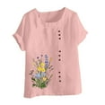 thumbnail image 5 of QIUOMBBP Women's Floral Print Tshirts Linen Short Sleeve Plus Size Crew Neck Boho Tops Loose Lightweight Comfy Summer Shirts Pink XXXXXL, 5 of 5