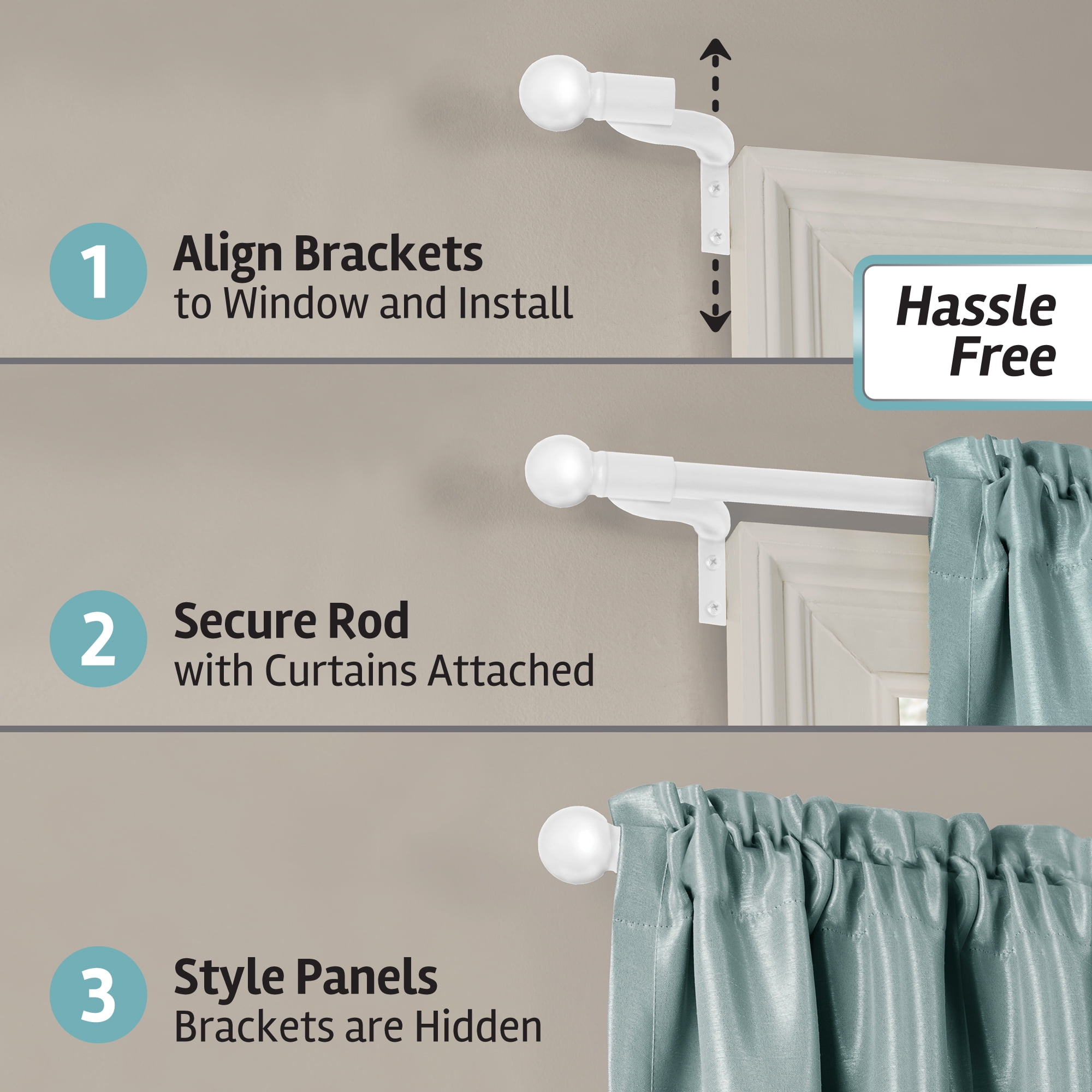 Zenna Home Smart Rods 48" - 120" Adjustable Wall Mount Café Window Curtain Rod, White