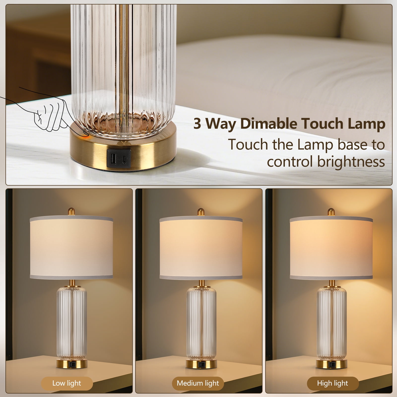 27" Modern Glass Table Lamps with USB A+C Ports, Clear Bedside Lamps Desk Lamps for Bedroom