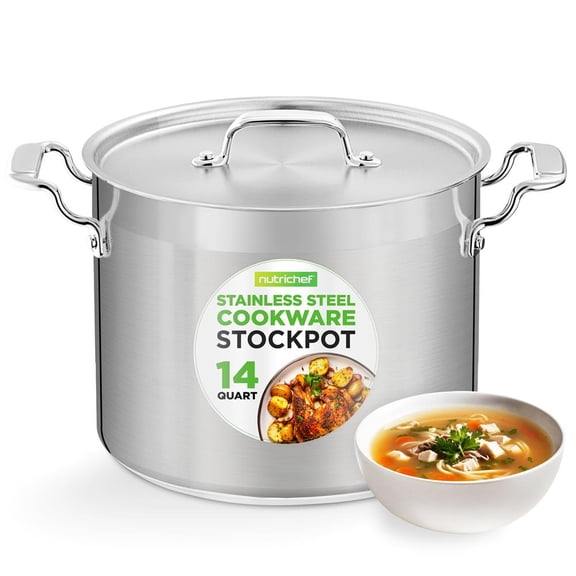 NutriChef 14-Quart Stainless Steel Stockpot with Lid, Heavy-Duty Induction Soup Pot, Gas/Induction/Ceramic/Glass/Halogen Compatible