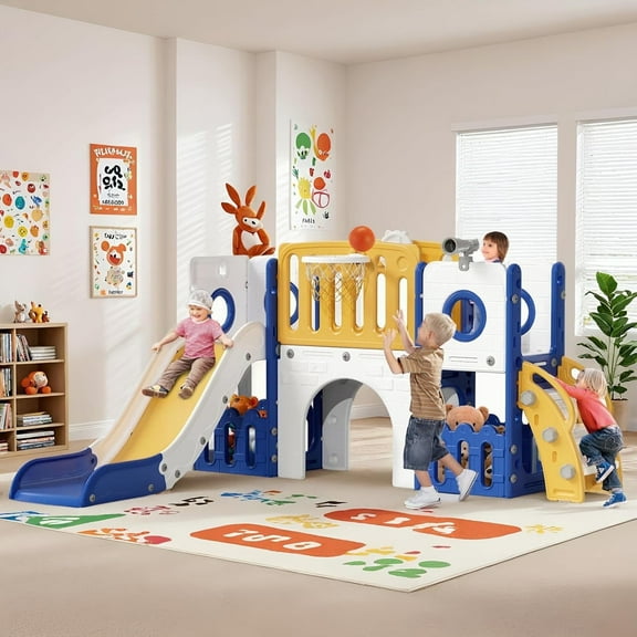 LAZY BUDDY 9 in 1 Toddler Slide, Plastic Kids Slide and Climber Playset Indoor Outdoor Children Slide with Basketball Hoop, Telescope and Storage Space