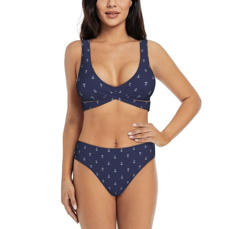 Zeuib Anchors Heart Blue High Waisted Tummy Control Bikini Set - Knot Front Push Up Top & Cheeky Thong Bottom  Two-Piece Swimsuit for Women-Small