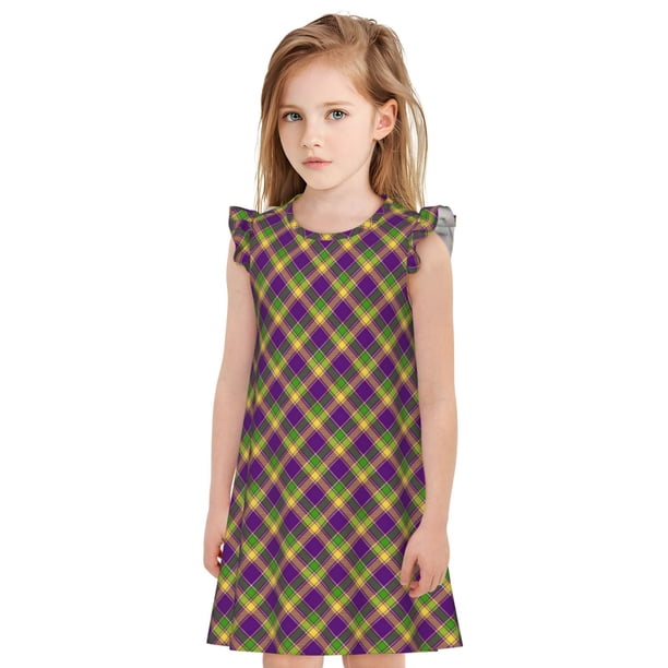 Balery Mardi Gras Plaid Camisón de princesa para niñas, pijama de algodón con mangas abullonadas, suave y bonito.-X-Large