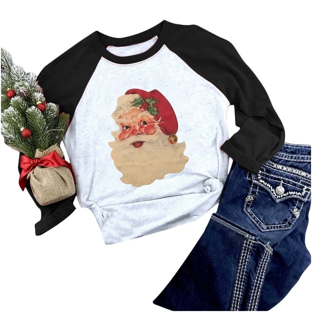 Camiseta de Navidad para mujer, temporada festiva, regalo para amantes, camiseta de manga larga, camiseta con costuras a juego de colores para mujer Pompotops gfhjh4416