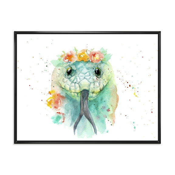 Designart 'Portrait A Green Snake In Flowers' Farmhouse Framed Canvas Wall Art Print