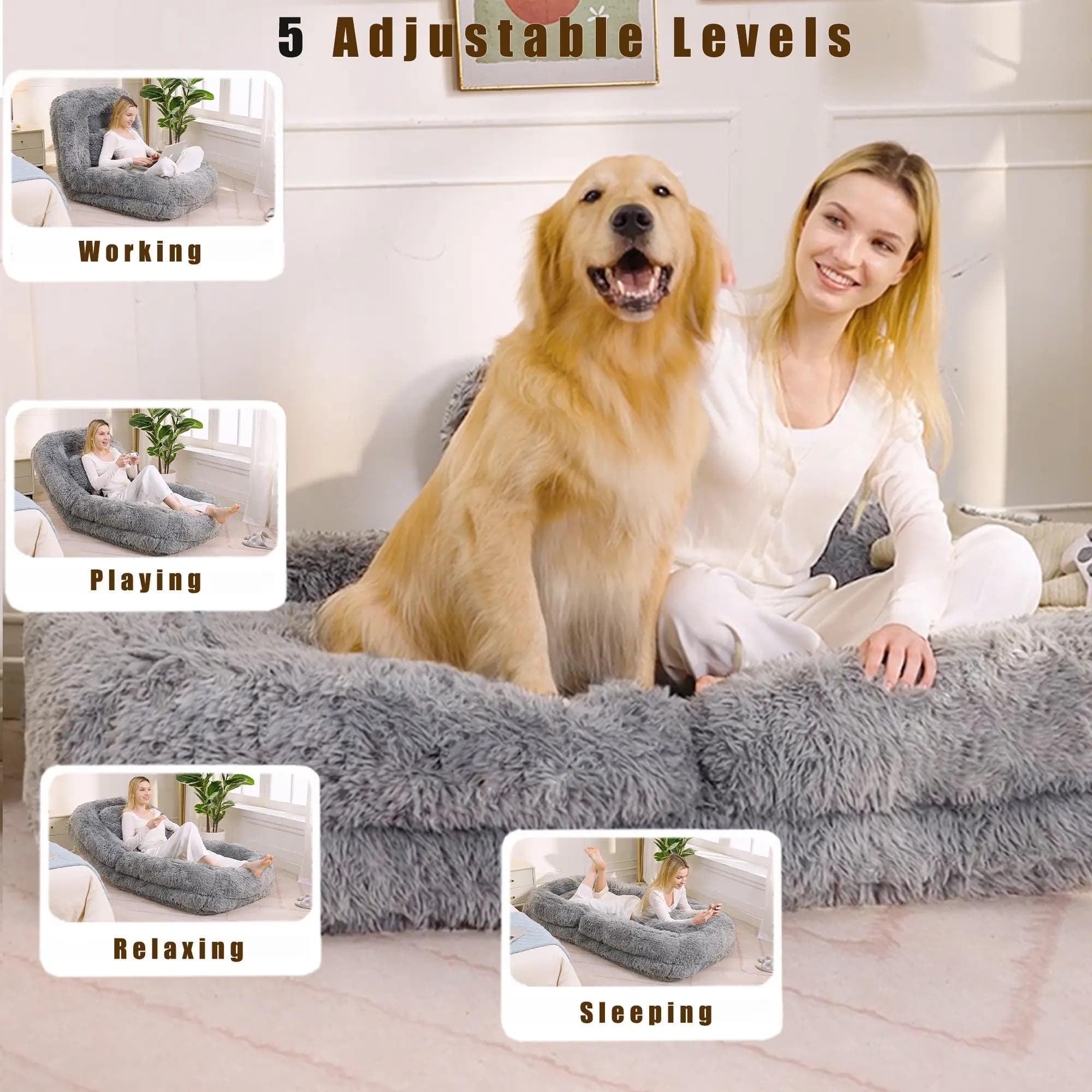 Aukfa Fold Lazy Sofa Bed, Floor Chair Small Couch with 5 Adjustable for Living Room, Plush Fabric,Gray