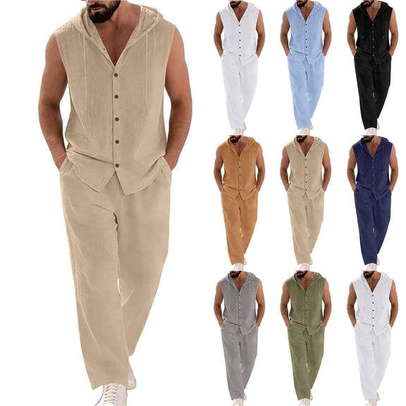HBGVBA 2 Piece Fashion Outfit for Men Sleeveless Button Hoodie with Drawcord Elastic Waist Pocket Pants Set